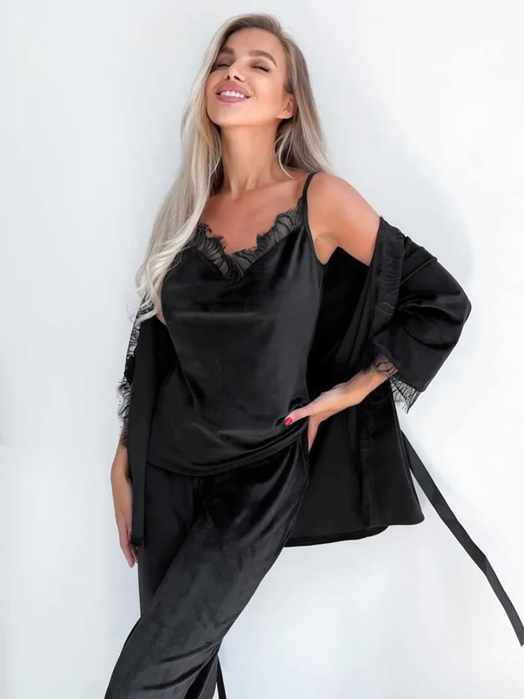 

Linad Lace Women's Nightwear 3 Piece Sets Three Quarter Sleeve Pajamas Sexy Spaghetti Strap Tops Winter Casual Trouser Suits