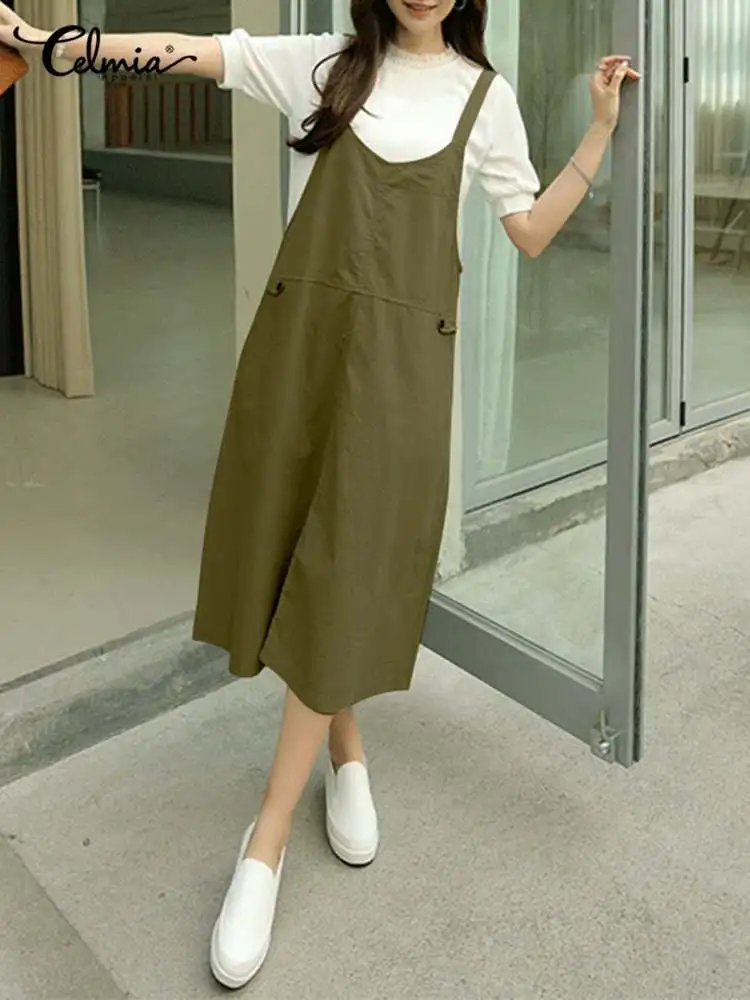 

Celmia 2022 Autumn Women Apron Dress Fashion All-match Pocket Elegant Suspender Dress Leisure Holiday Solid Color Midi Sundress
