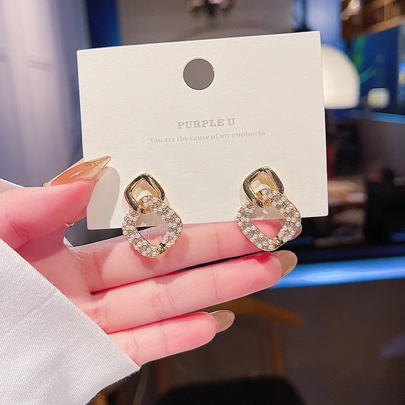 

S925 Silvers 2022 New Simple Geometric Dangle Earrings Pearl Diamonds Earrings Classic Jewellery for Women Metal Fashion