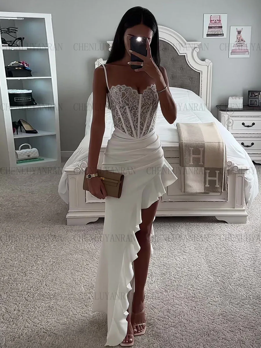 

Платье с юбкой-годе цвета слоновой кости для торжественных случаев 2023, кружевное сексуальное платье без рукавов, Длинные вечерние платья с оборками и разрезом сбоку