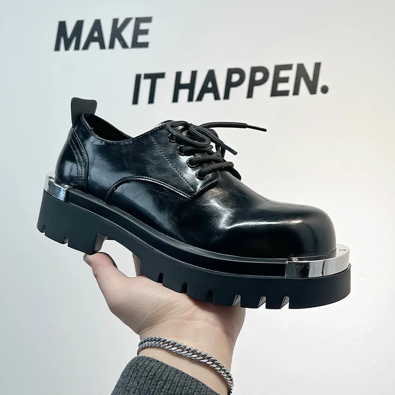 Черные мужские туфли дерби модные стильные на толстой подошве уличные