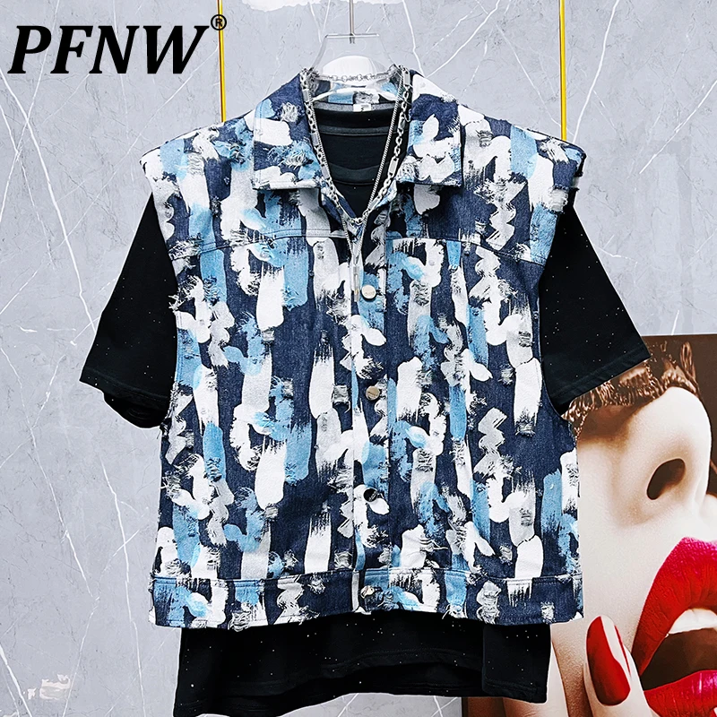 

Мужской джинсовый жилет без рукавов PFNW, стильный универсальный жилет в стиле High Street с принтом граффити, в Корейском стиле, весна-осень, 28A3131