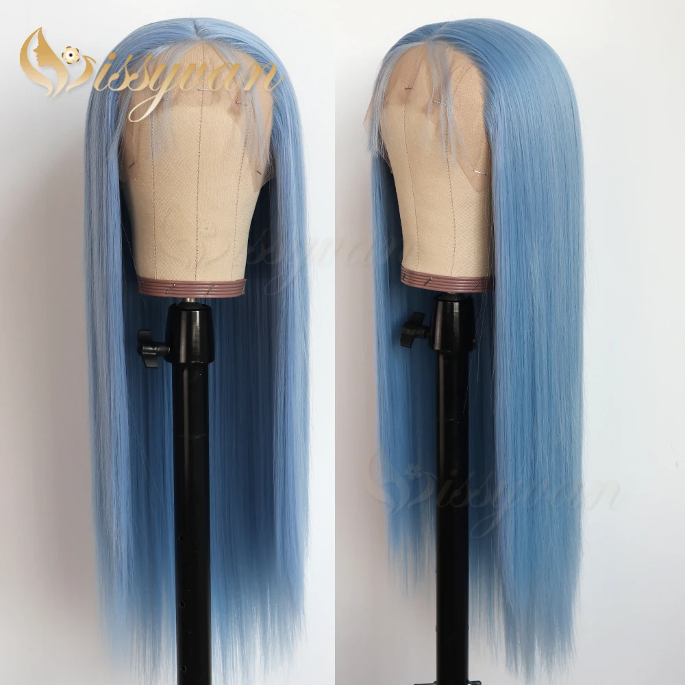 Missyvan Blue Long Straight Hair with Baby Hair Glueless Heat Resistant Synthetic Lace Front Wigs for Black Women