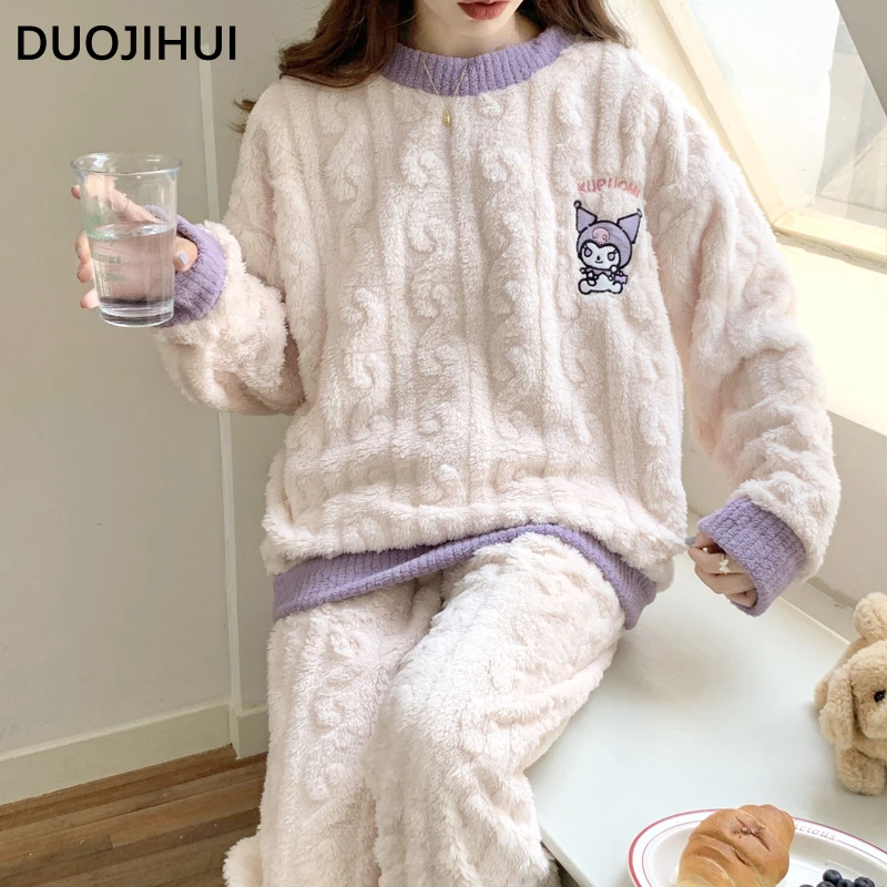 

DUOJIHUI Spell Color O-neck Pullover Simple Pajamas for Women Winter Flannel Warm Soft Loose Casual Fashion Female Sleepwear Set