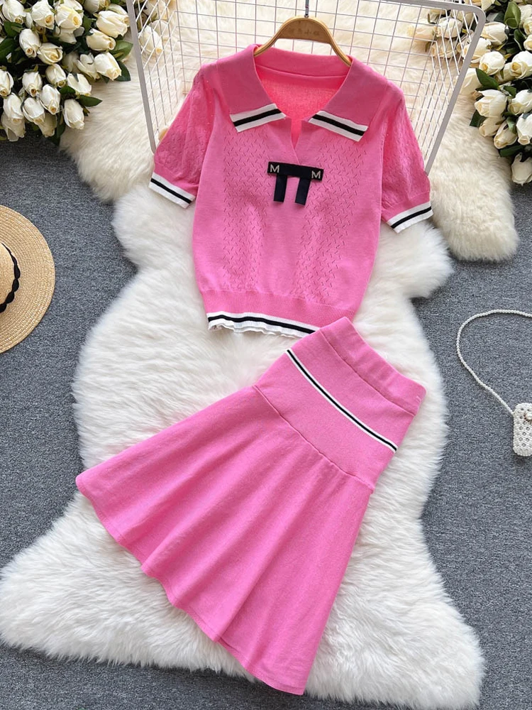 

YuooMuoo Women Dress Set 2022 Summer Fashion Y2K Polo Knitted Tops + Slim Skinny Short Skirts College Young Girl Two Piece Suits