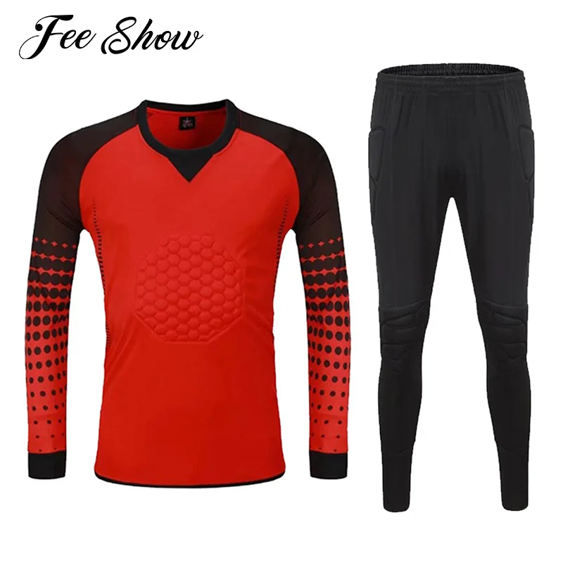 

Kids Boys Soccer Sport Suit Two-Piece Padded Football Goalkeeper Outfit Color Block Dot Print Long Sleeve T-shirt Sweatpants Set