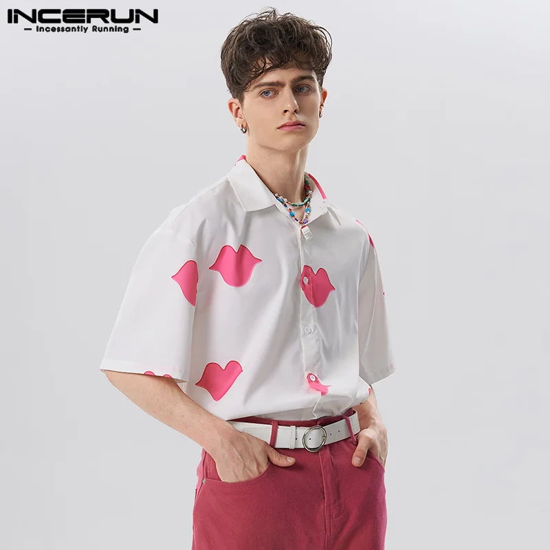 

INCERUN Tops 2023 Handsome Men's Funny Lip Pattern Printing Shirts Casual Streetwear Male Hot Sale Contrast Short Sleeve Blouse