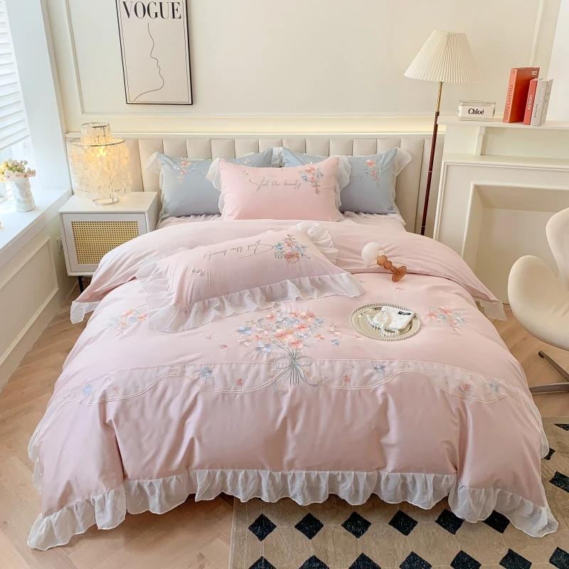 

Pink Romantic Lace Ruffles Flowers Embroidery Wedding Bedding Set 1200TC Egyptian Cotton Duvet Cover Set Bed Sheet Pillowcases