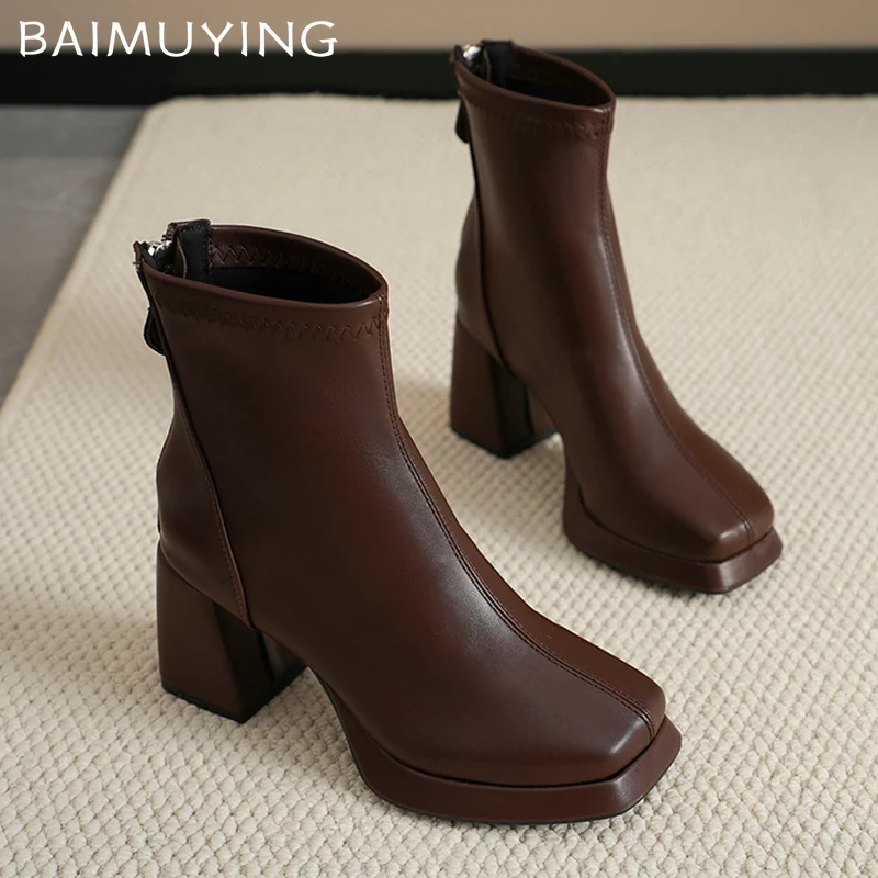 Зимние женские ботильоны в стиле ретро обувь на высоком каблуке с квадратным