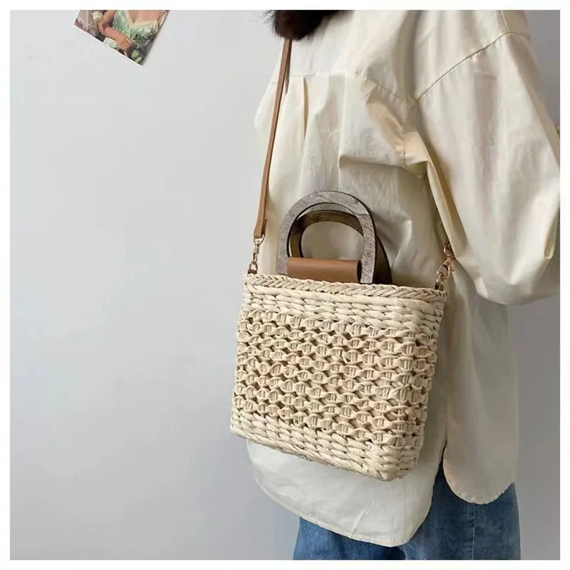 Соломенная Сумка-лаффия для женщин сетка через плечо отдыха с внутренней молнией