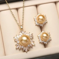 2 pcs set sun flower natural shell pearl dangle necklace18k gold zircon inset earrings for women sea shell party fashion jewelry