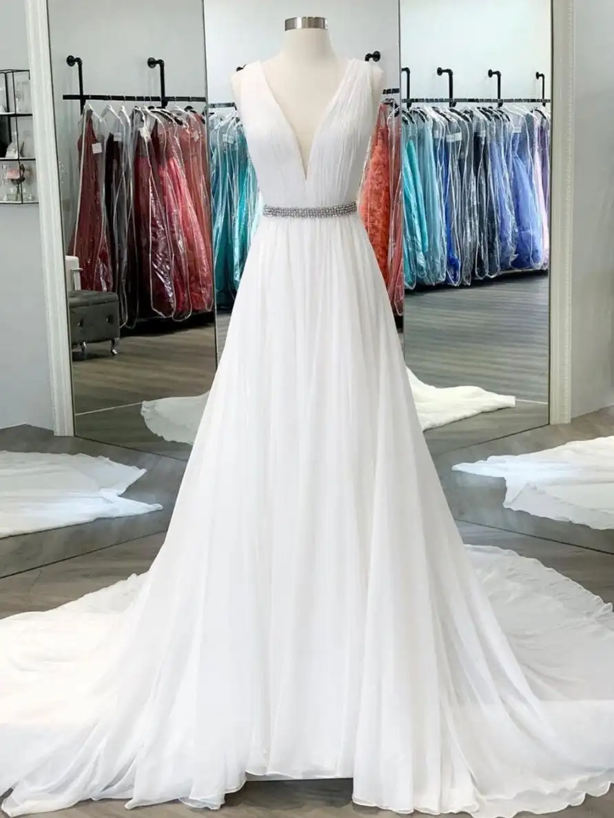 

Elegant White A Line Long Prom Dresses 2023 New Sleeveless V Neck Belt Chiffion Sweep Stran Formal Evening Party Gown