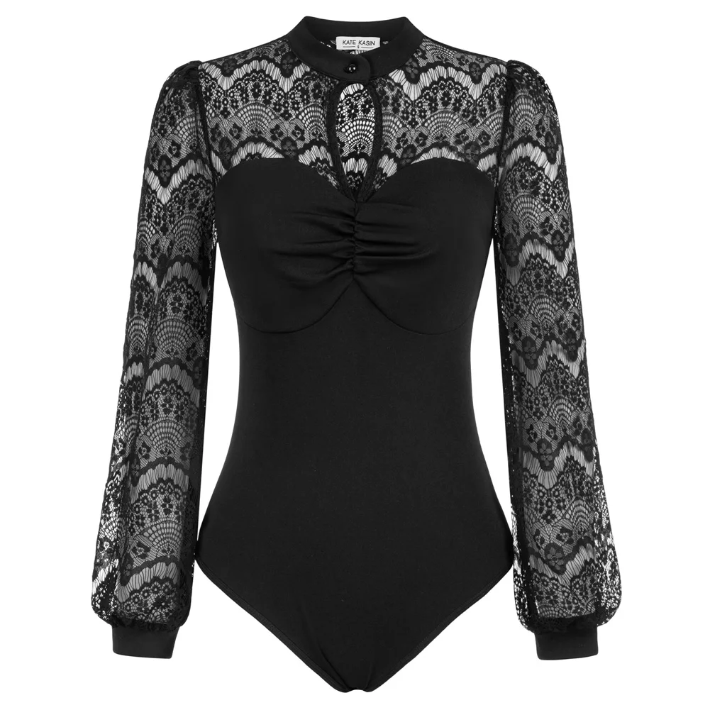 

KK Jumpsuit For Women Lace Patchwork Bodysuit Long Sleeve Stand Collar Ruched Teddy Transparent Lingerie Bodysuits