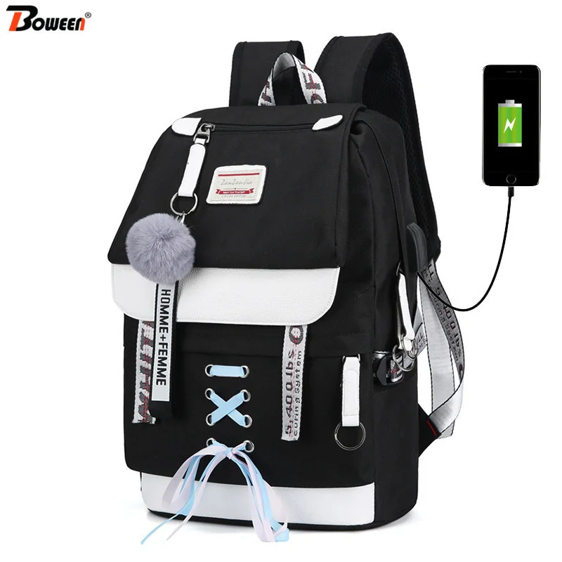 

Canvas Usb School Bags for Girls Teenagers Backpack Women Bookbags Black 2023 Large Capacity Middle High College Teen Schoolbag