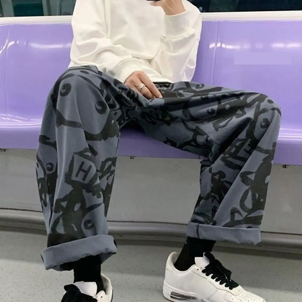 

Men Pants Cartoon Print Straight Wide Leg Pants Mid-rise Elastic Waistband Drawstring Long Pants Colorfast Pockets Casual Pant