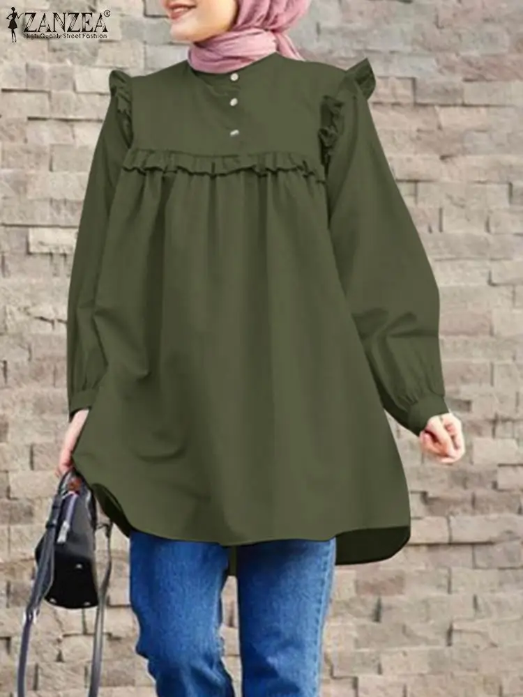 

Хиджаб ZANZEA Eid Mubarek, рубашка, Исламская одежда, мусульманская модная блузка, женские топы с длинным рукавом и оборками, Турецкая абайя, Дубай, кафтан