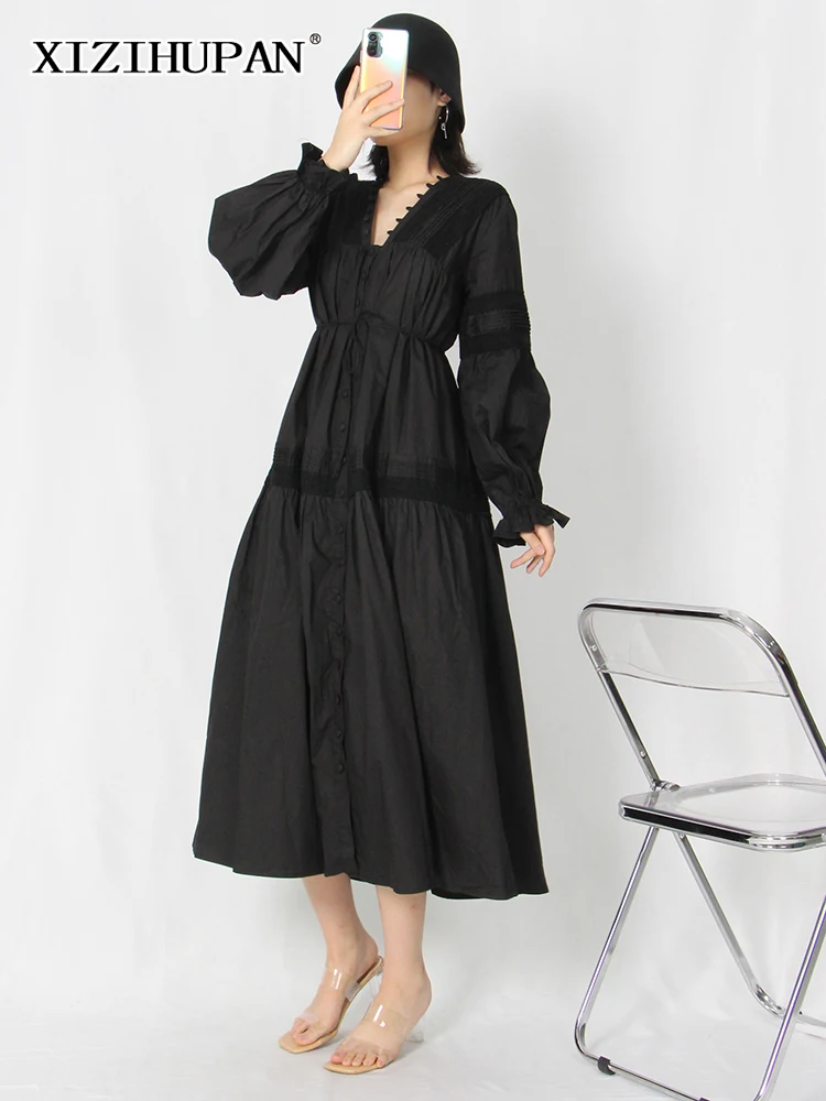 

XIZIHUPAN Elegant Solid Dress For Women V Neck Long Sleeve High Waist Patchwork Ruched Midi Dresses Female Summer Clothing Style