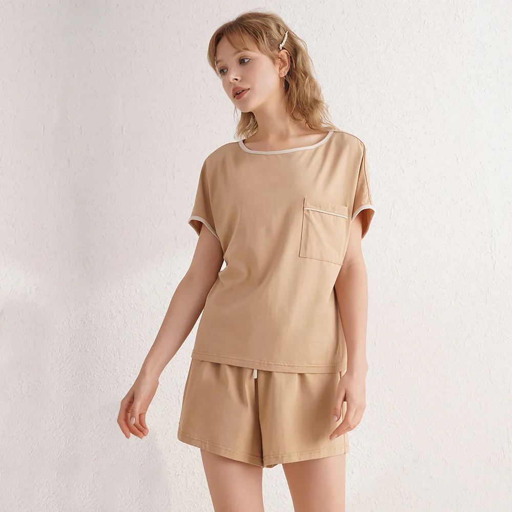 

2022 Summer Newest Khaki Color Shorts Pajamas Women's Cotton Round Neck Tops with Pajama Shorts Cute Pyama Woman Set