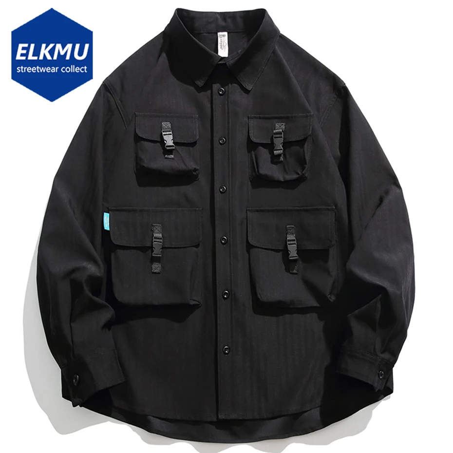 

Fashion Cargo Shirts Men Spring Autumn Loose Casual Button Shirts 2023 New Black Long Sleeve Shirts Button Up Blouse