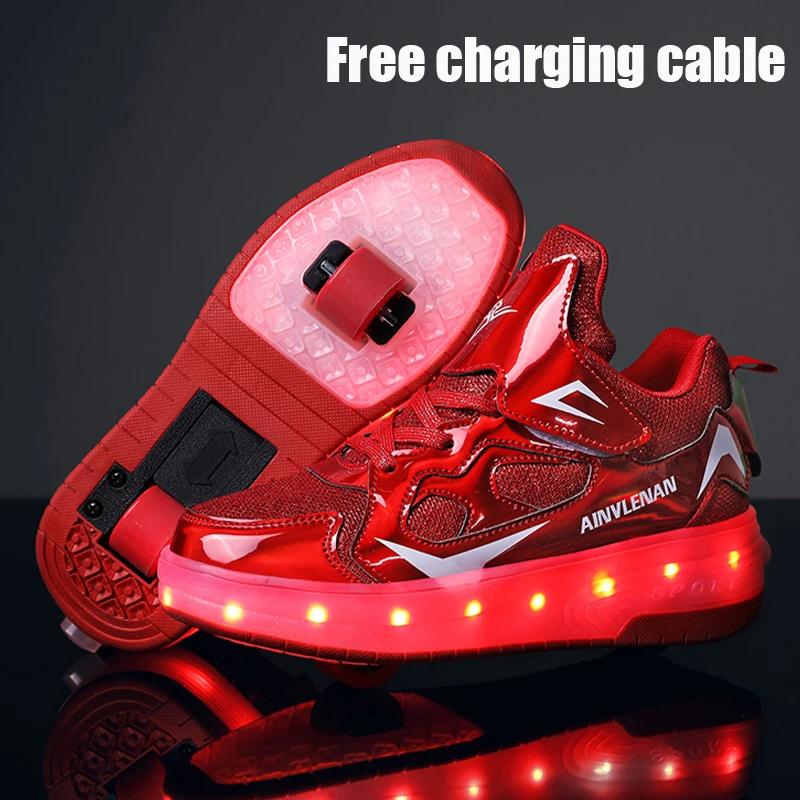 

Children One Two Wheels Luminous Glowing Sneakers Gold Pink Led Light Roller Skate Shoes Kids Led Shoes Boys Girls USB Charging