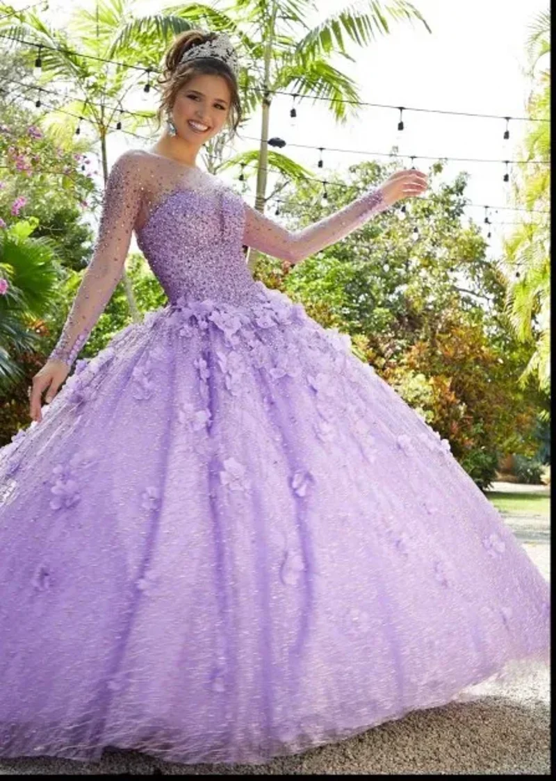 Голубые платья Quinceanera 2024 бальное платье Sweet 16 с длинными рукавами и блестками
