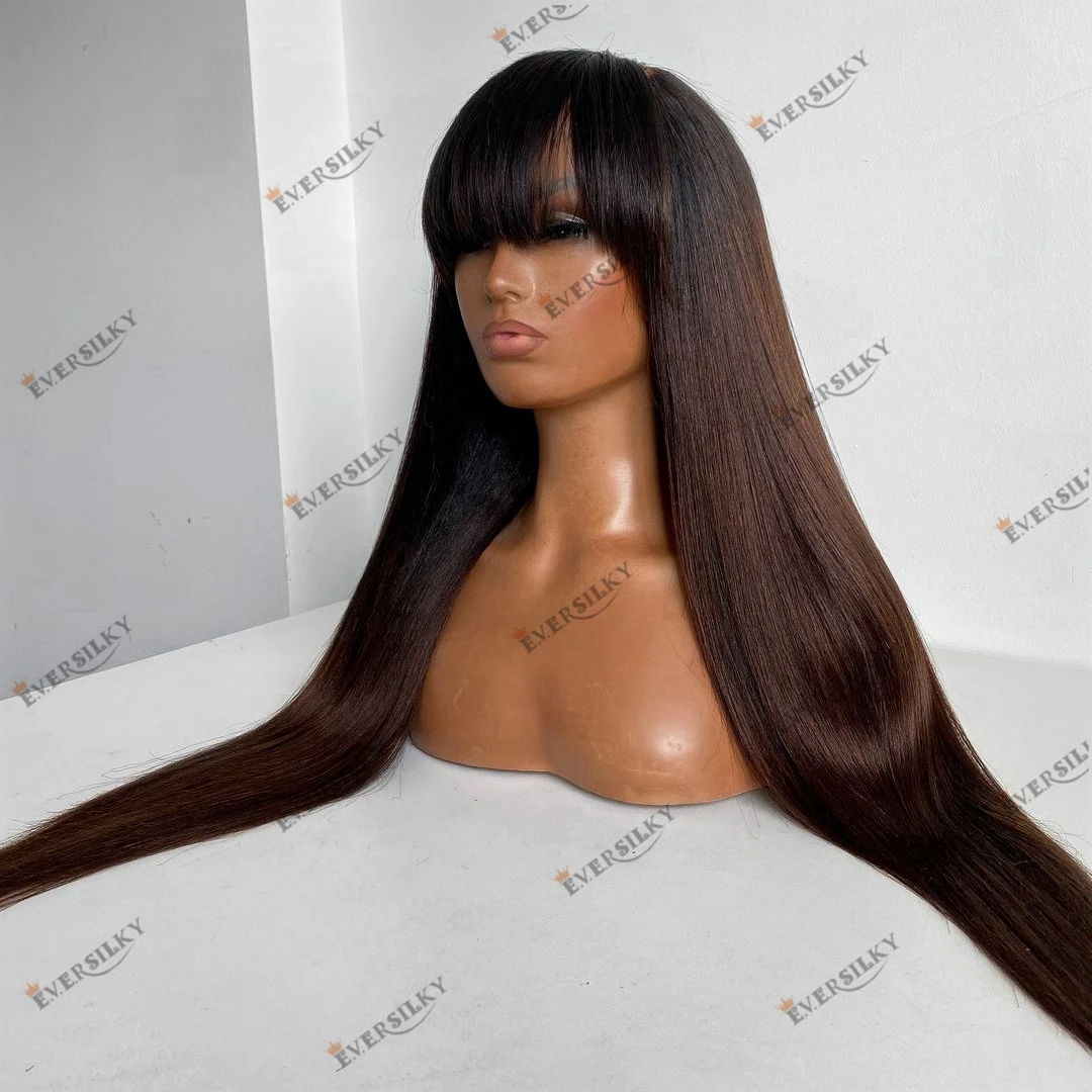 

Brown Ombre Silky Straight Human Hair Machine Made Wig with O shape Silk Top 200 Density Fringe Remy Brazilian Hair Women Wig