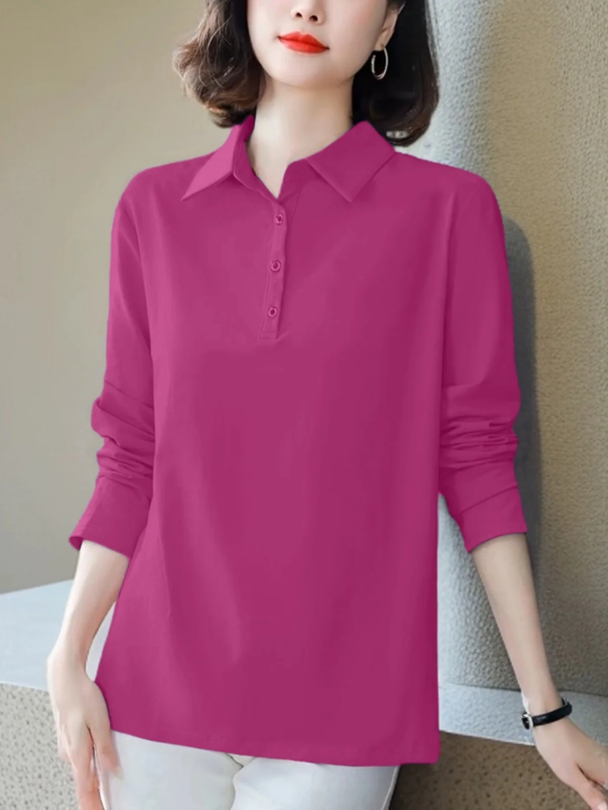 Женская футболка из чистого хлопка с лацканами и длинными рукавами осенняя