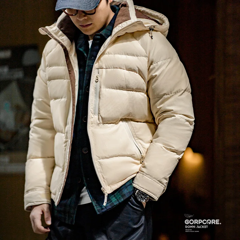 Maden Casual Hooded Down Jackets for Men Lightweight Short Puffer Jacket White Duck Thick Warm Coats 2022 Winter Outwear Parkas