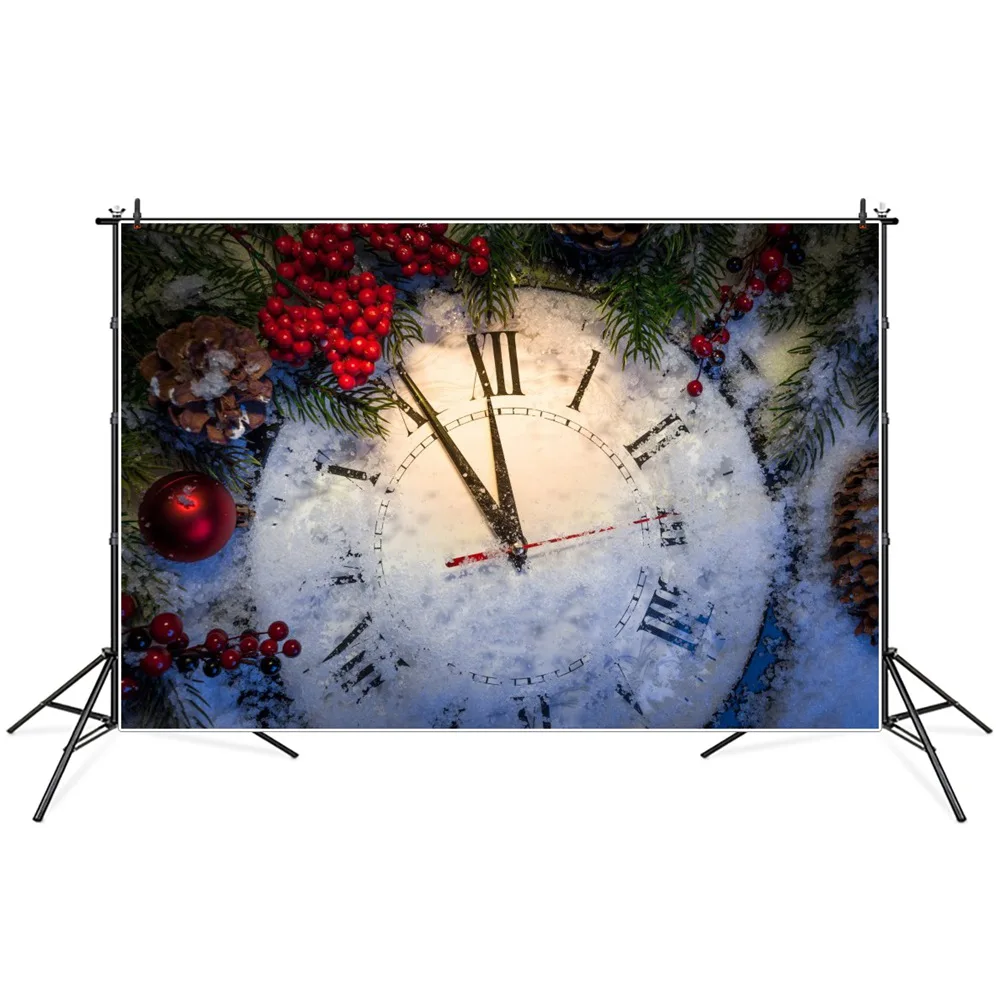 

Рождественские новогодние часы сосна падуба снег фотография фоны на заказ вечерние украшение дома фотобудка фотографические фоны