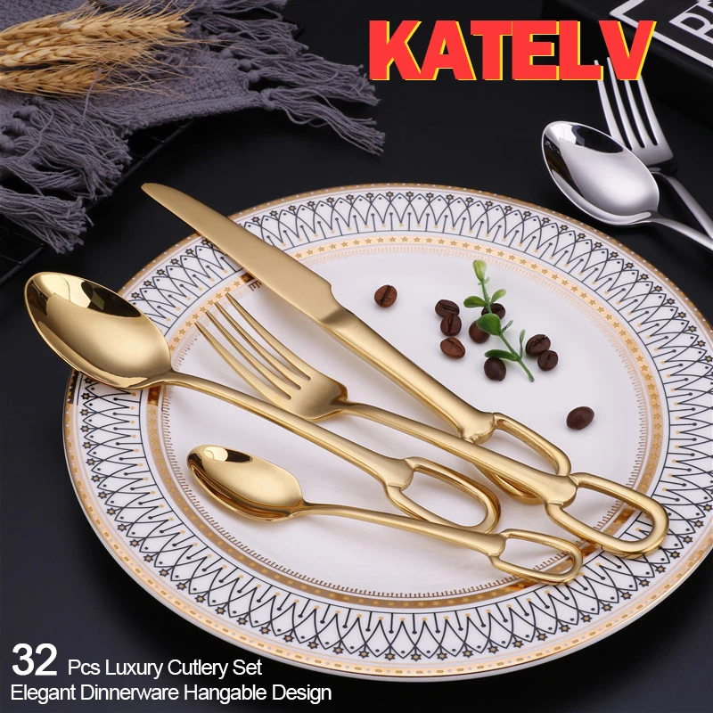 32Pcs Creativity European Style Luxury Cutlery Set Knife Fork Spoon Stainless Steel Tableware Elegant Dinnerware Hangable Design