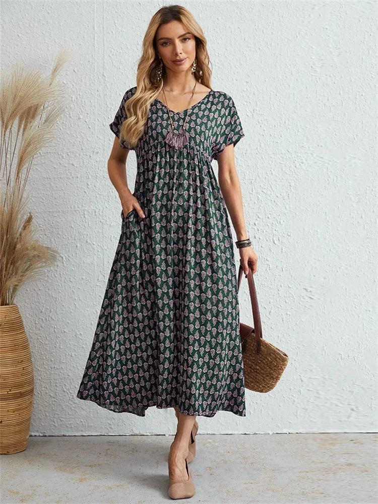 

Oversized Loose Vintage Dress Women Summer Bohemian Maxi Dress Female Elegant Casual Short Sleeve Long Beach Dress with Pocket