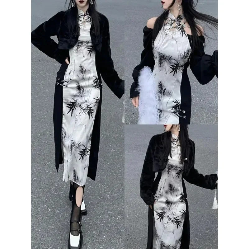 2024 летнее сексуальное черно-белое платье Cheongsam на одно плечо с бамбуковым принтом