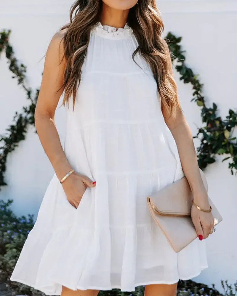 

Women's Dresses, Casual Women's Wear, White Mini Skirts, Sleeveless Frill Hem Flowy Dress