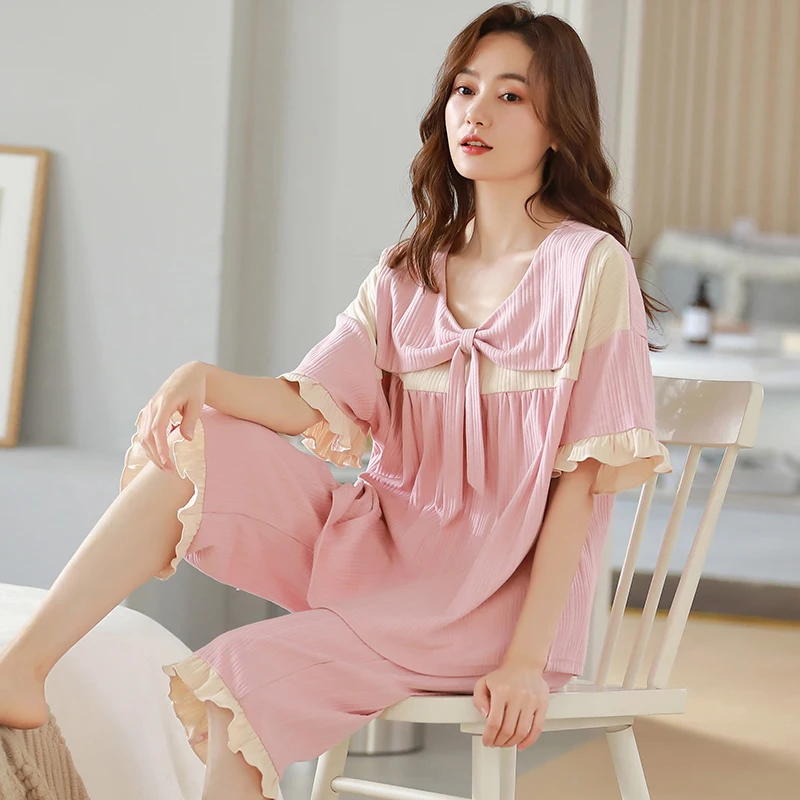 Summer Cotton Pajama Set Korea Women Pajamas New Cropped Pants Outer Wear Short Sleeve Sleepwear lacework Free Shipping Nightie