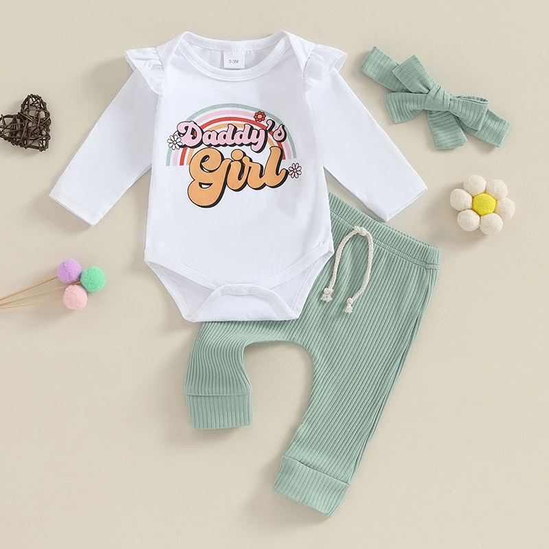 

Newborn Baby Girl Clothes Daddys Mamas Girl Outfit Long Sleeve Romper Pants Headband Infant Fall Winter Clothing Set