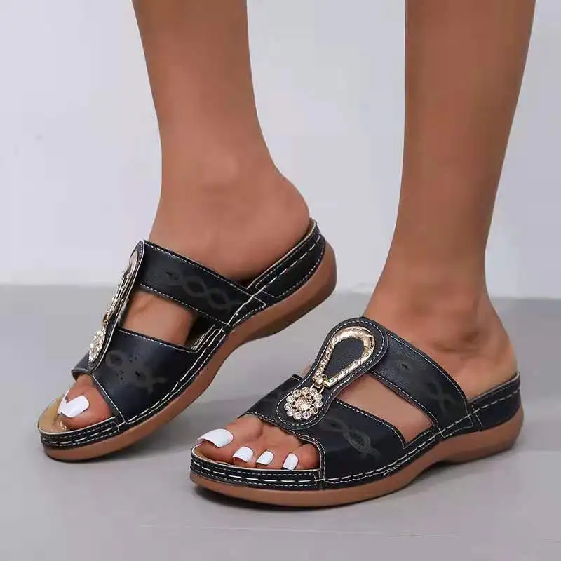 

Women's Sandals Vintage Casual Comfortable Open Toe Platform Non-slip Slippers Metal Decortaion Wedge Fish Mouth Shoes Sandales