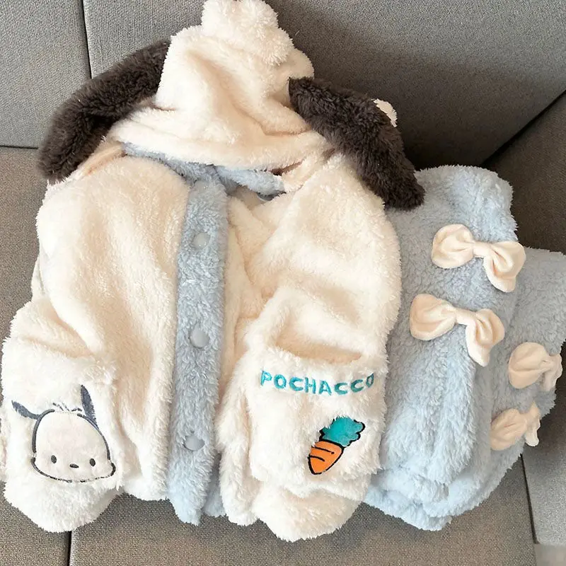 

Cartoon Sanrio Pochacco Casual Home Clothes Pajamas Women's Spring Autumn and Winter Coral Plush Thick Hooded Set for Children