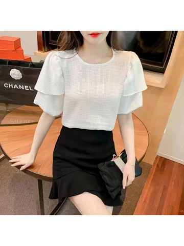 Stylish Solid Color Spliced Folds Puff Sleeve Blouse Women's Clothing 2023 Spring New Casual Pullovers Loose Office Lady Shirt