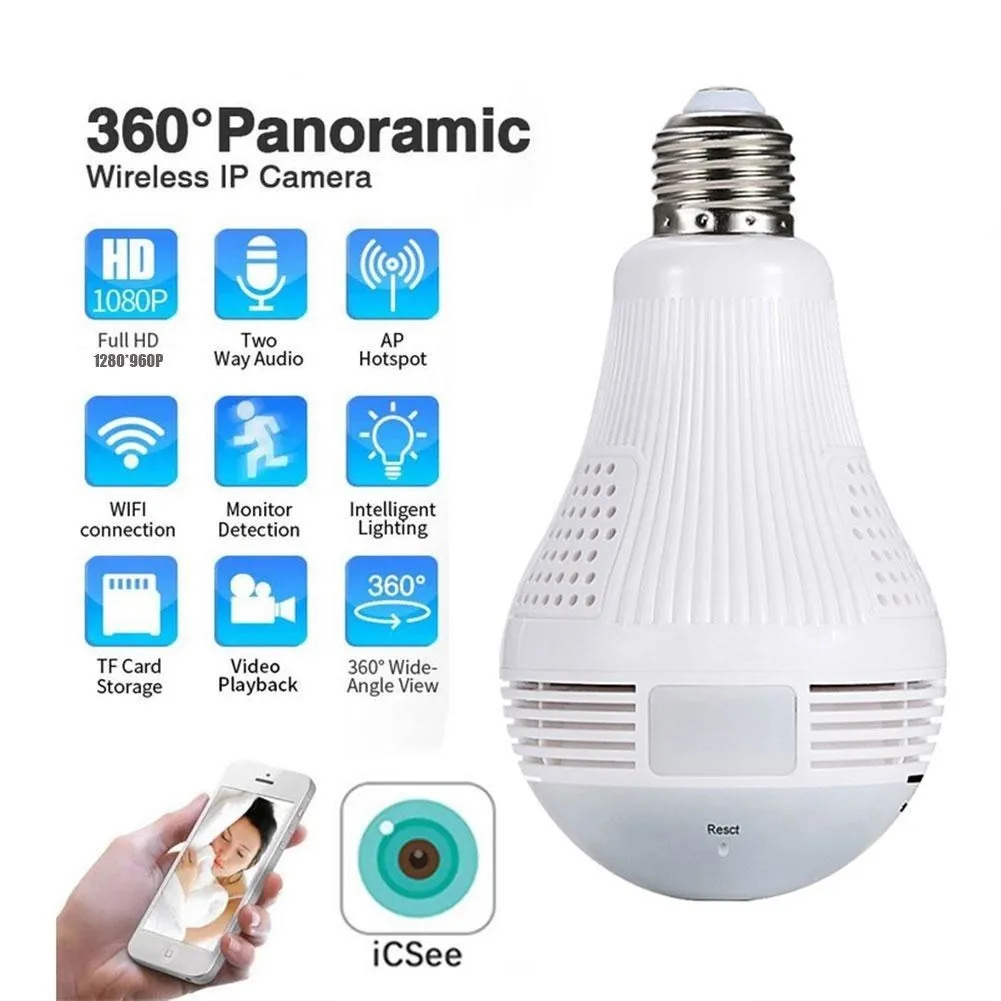 

360 Degree LED Light Wireless Panoramic Home Security Mini Night Camera WiFi CCTV Fisheye Bulb Lamp Support Hidden SD Card