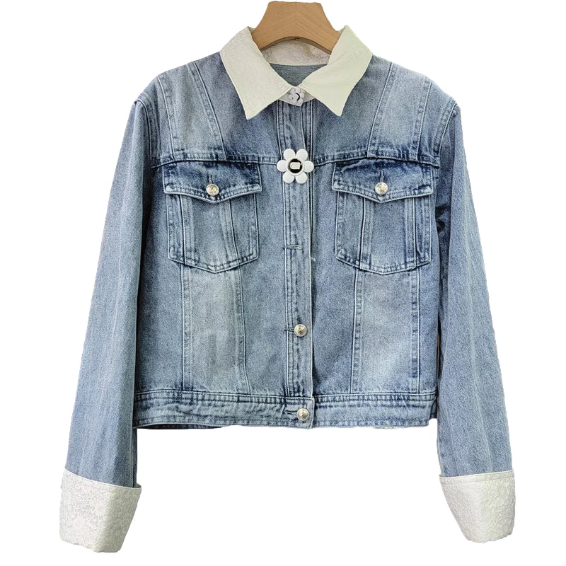 

Vintage Blue Big Pocket Long Sleeve Denim Jacket Women Loose Casual Short Cowboy Outwear Contrasting Colors Jeans Jacket Female