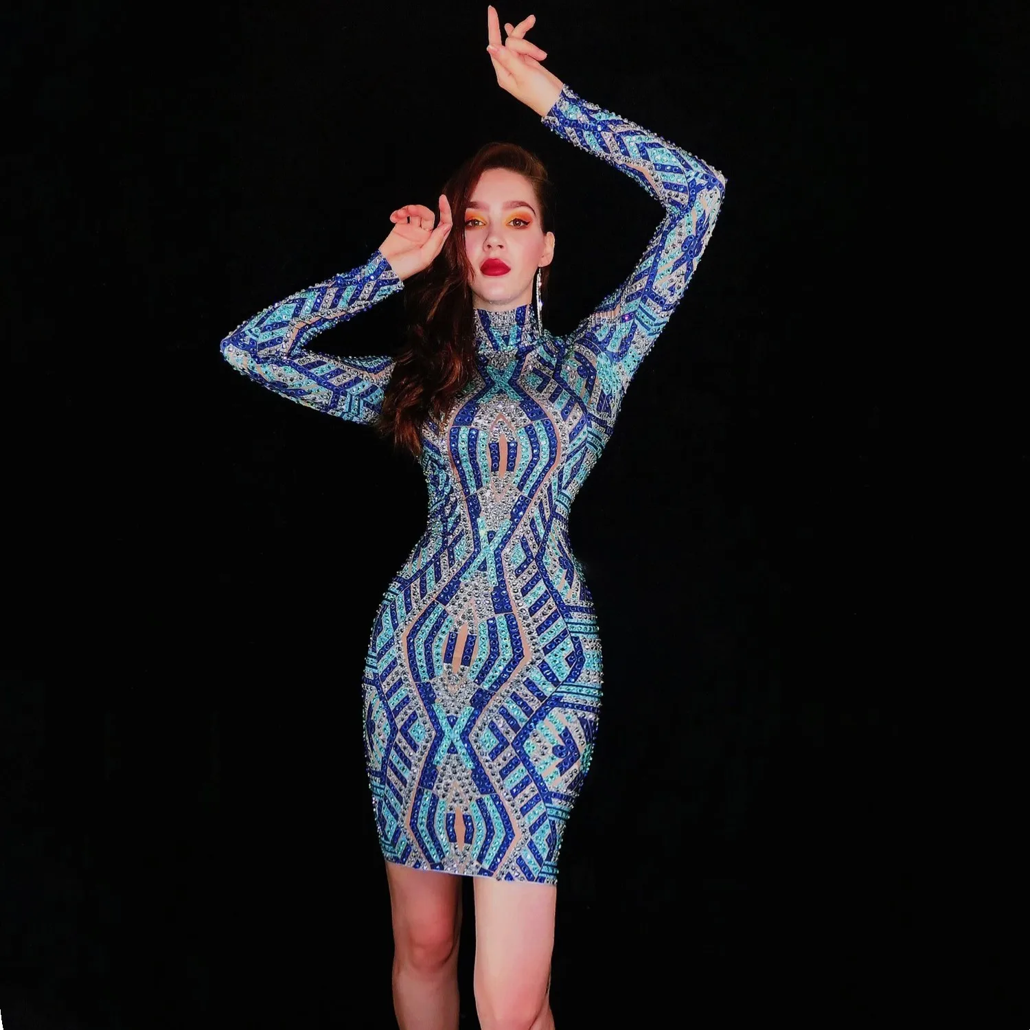 

Блестящее короткое платье с серебристыми Стразы синего цвета для вечеринки, дня рождения, костюм из спандекса