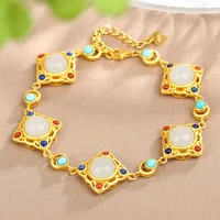 womens retro gold plated bracelets inlaid with natural hetian white jade stone bracelet hands chain costume jewelery woman h482