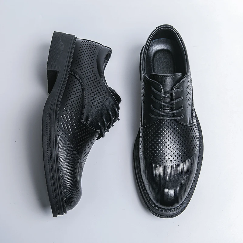 

Luxury Summer Men Business Dress Leather Shoes Breathable Hollow Thick Bottom Male Wedding Formal Shoes Lace Up Cave Men Shoes