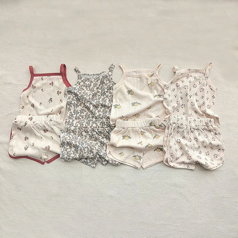 

Ins Baby Pajamas Suit Summer Thin Boy Girl Children Hollow Out Fruit Print Suspenders Vest + Shorts 2pcs Kid Cotton Pyjamas Set