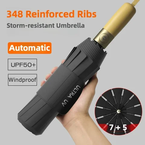 Усиленный 348 ребер, хранилище, складной автоматический зонт с черным покрытием, солнцезащитное УФ-защита UPF 50+, ветрозащитная ручка для защиты от дождя