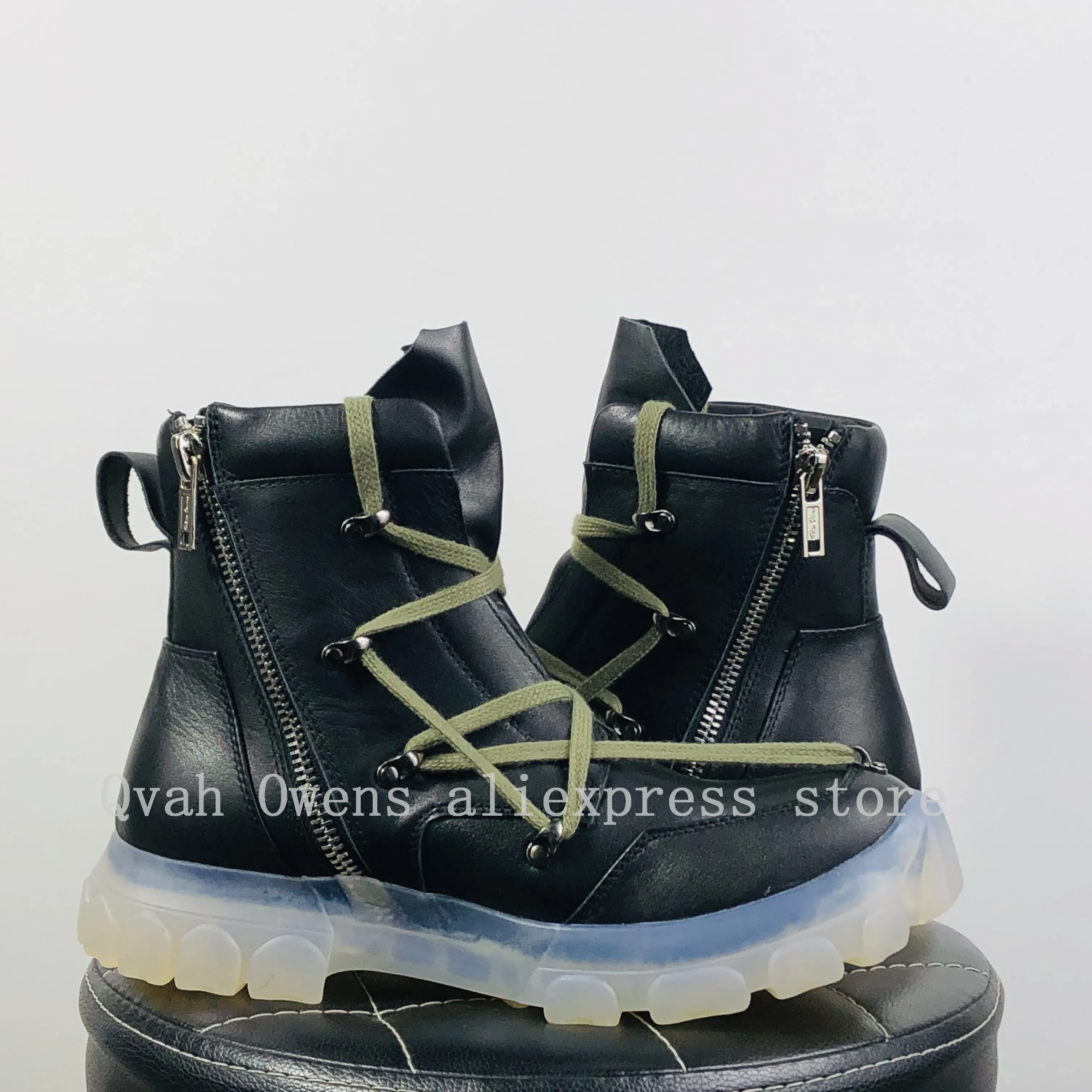 Фото Qwa Owens Shoes Мужские повседневные ботинки из натуральной кожи Роскошные женские кроссовки на шнуровке на молнии High Street Осенние черные туфли на плоской подошве №5
