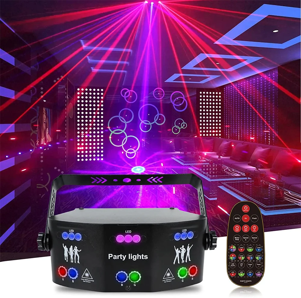 Professional Disco Lights 15 Eyes RGBUV DJ Party Laser Lights Sound Activated Strobe Stage Light by DMX 512 Control for Bar Xmas