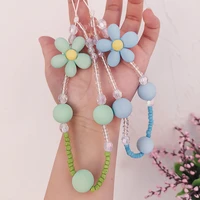 mobile phone lanyard short hand beaded frosted flower creative pendant womens crystal beads anti lost wrist lanyard phone strap