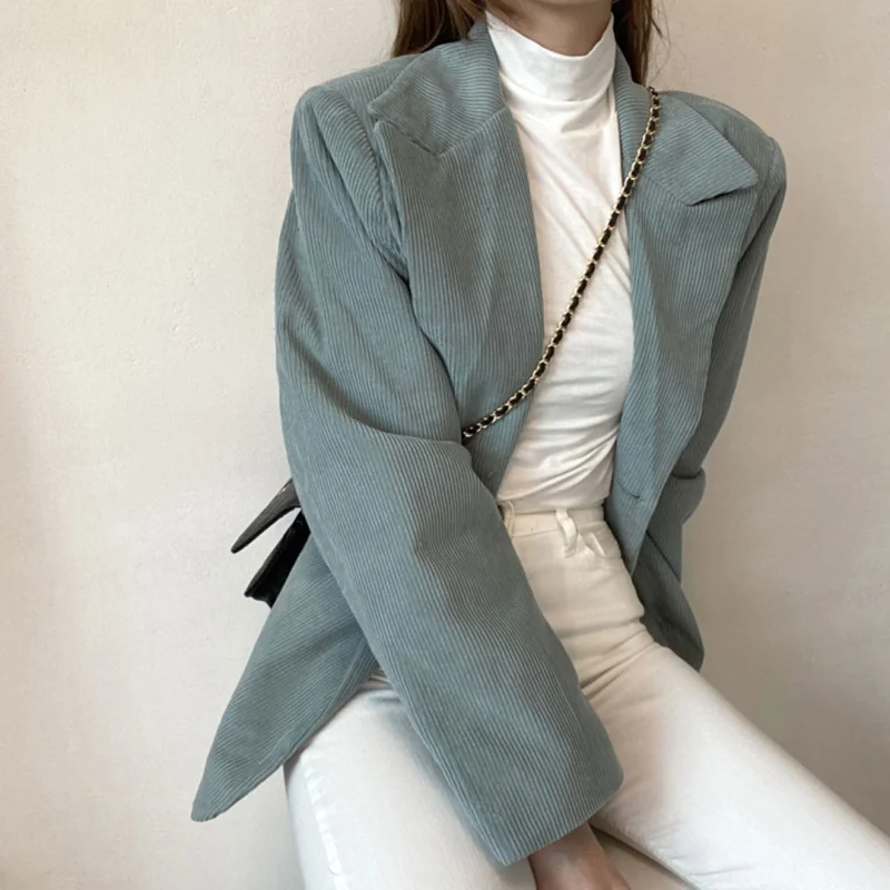 Autumn 2021 Corduroy Blazers Women Notched Collar Long Sleeve Blazer Jacket Female Korean Fashion Casual Winter Coats Tops Mujer