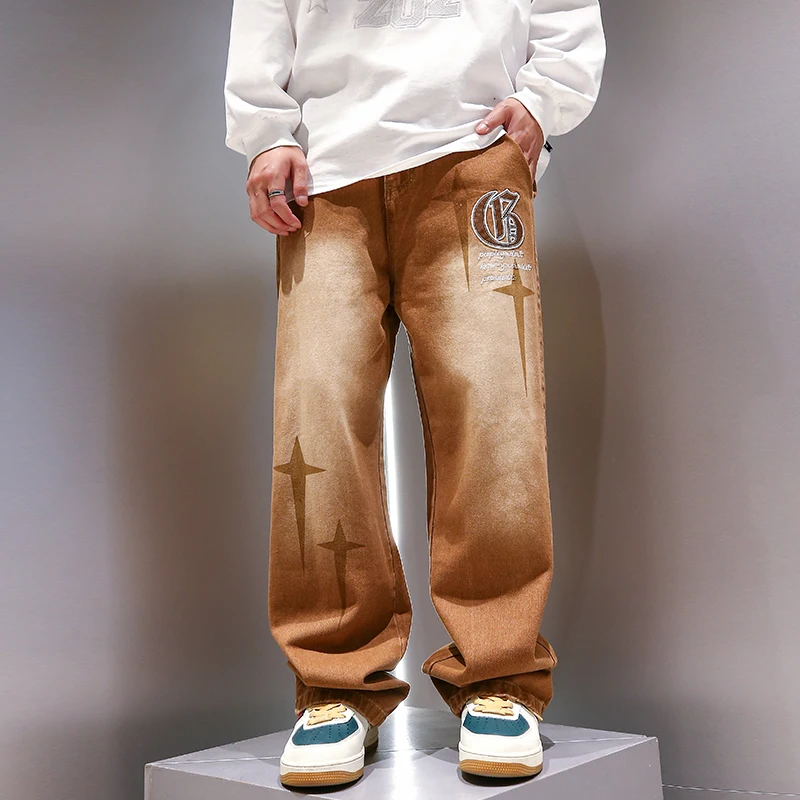 

Four Seasons Brown Gradient Print Casual Pants Men's Trend Embroidery American Retro Vertical Straight Loose Pants Streetwear